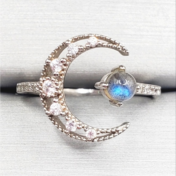 Labradorite & CZ 925 Sterling Silver Cresent Moon Open Ring - Picture 1 of 7